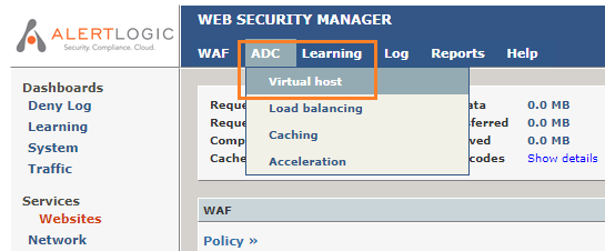 screenshot of Hover your mouse over ADC in the top tab menu of the screen that pops up and click Virtual host