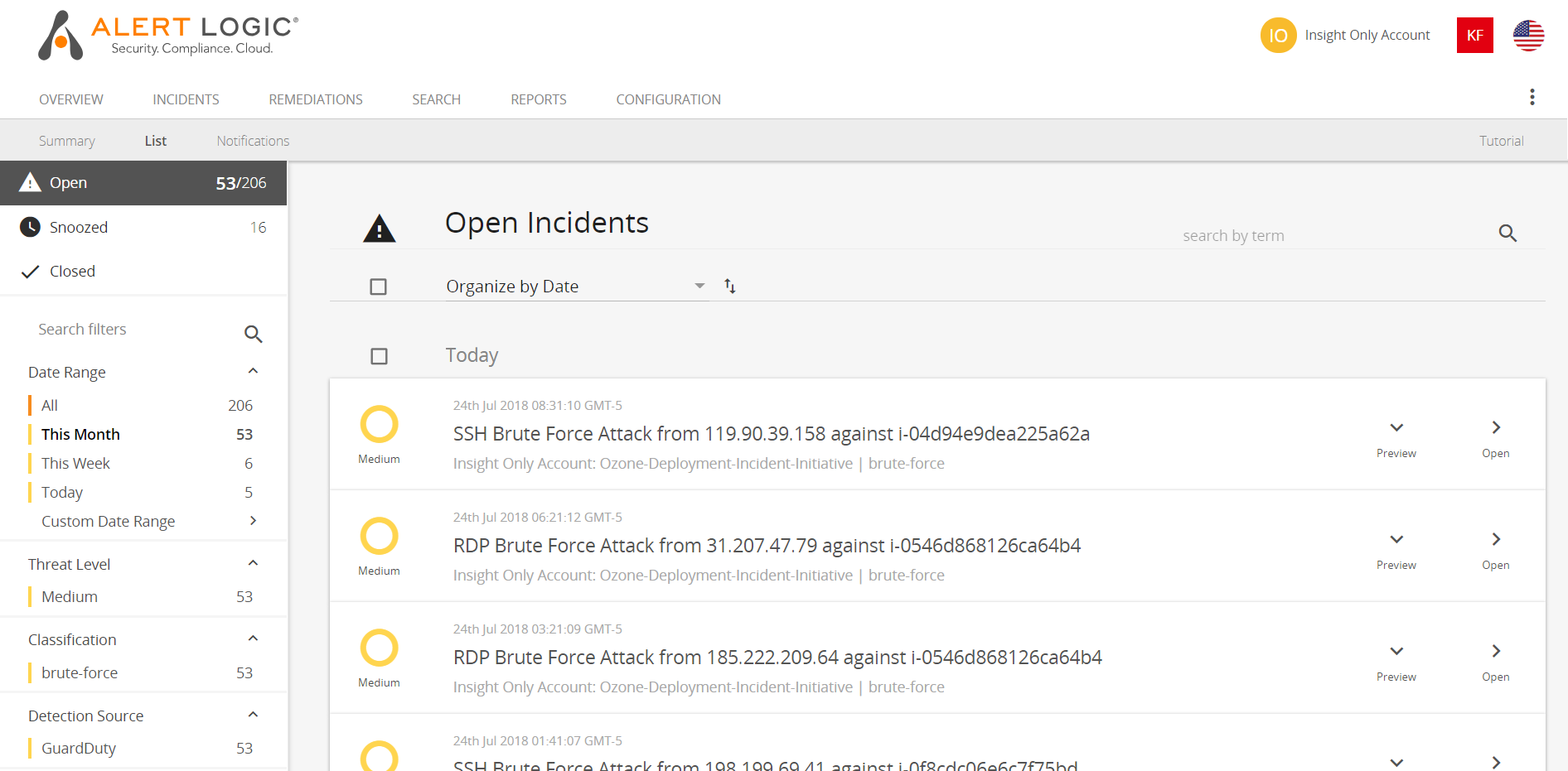 screenshot of open incidents console page