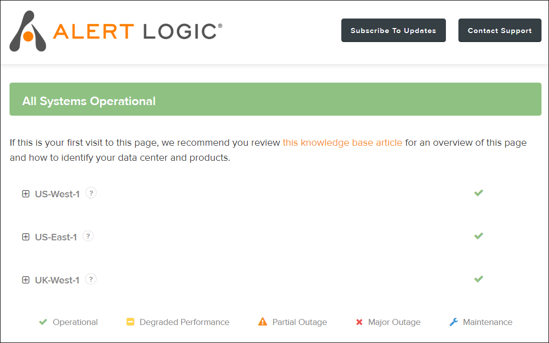screenshot of Alert Logic status page